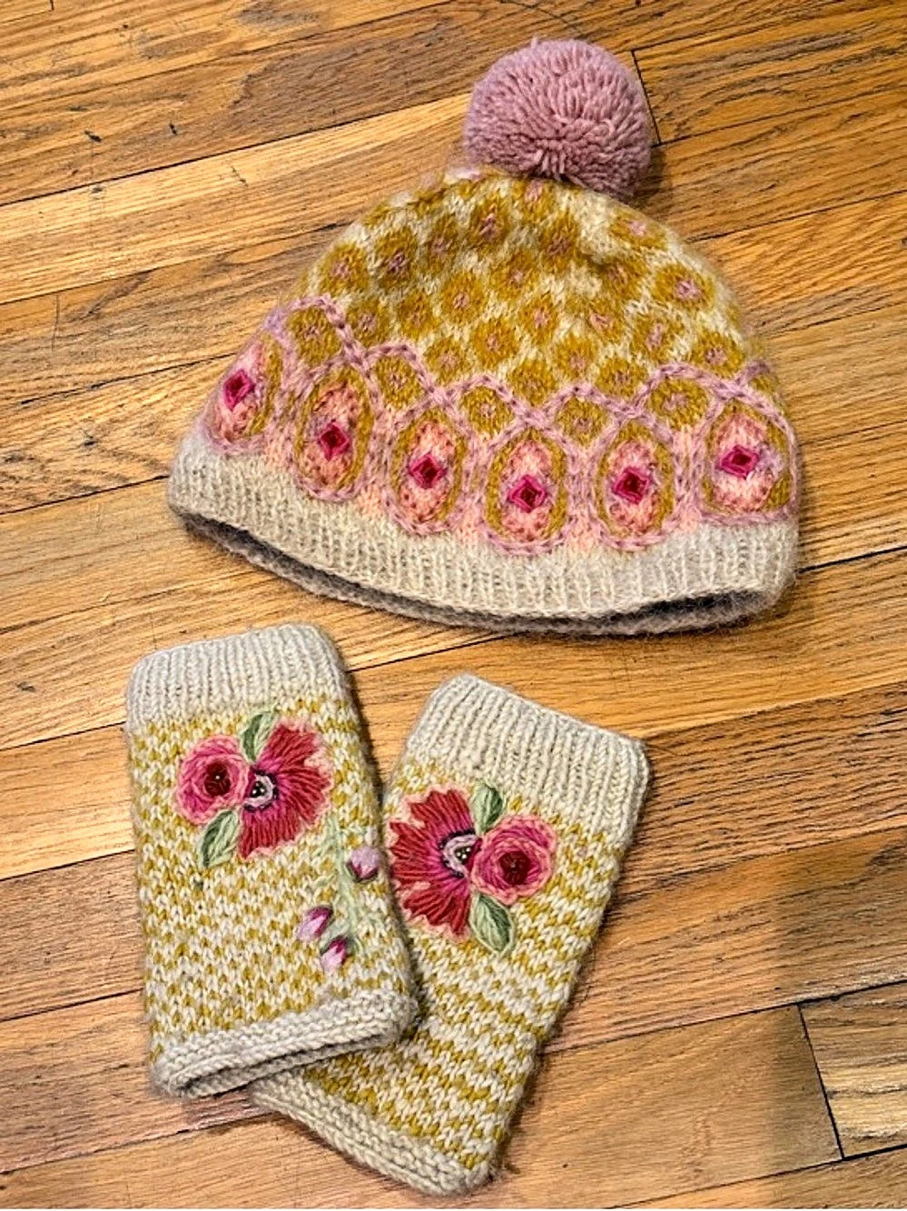 French Knot Mohair & Wool Knit Hat & Fingerless Mittens